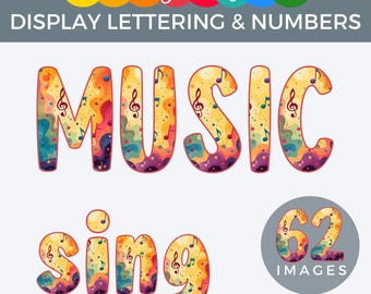 Belettering muziekdisplay, klasdecor, alfabet en cijfers, muzikaal prikbordletters, bewerkbare PowerPoint, helder schoolthema