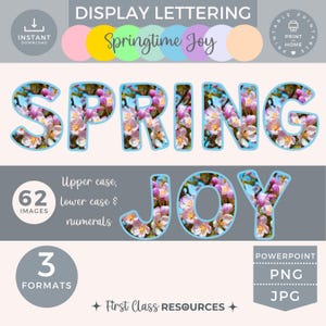 Puede incluir: Una descarga digital de 62 imágenes imprimibles con la palabra "SPRING" y "JOY" en mayúsculas, minúsculas y números. Las letras están llenas de un patrón floral de flores rosas sobre un fondo de cielo azul. El texto "Springtime Joy" también está incluido en la imagen. La imagen está etiquetada como "Descarga instantánea" y "First Class Resources".