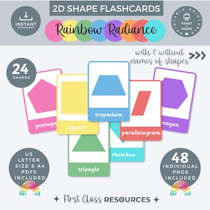 Flashcards met basisvormen voor kinderen, 2D-vormkaarten met en zonder namen, basis- en elementaire wiskunde Afdrukbaar, klaslokaalinrichting, thuisonderwijs
