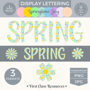 Puede incluir: Un conjunto de decoraciones de aula de temática primaveral imprimibles con la palabra "SPRING" en una fuente colorida y estampada. El conjunto incluye una pancarta grande, una pancarta pequeña y un gráfico de flores. El texto "Springtime Joy" también está incluido en la imagen.
