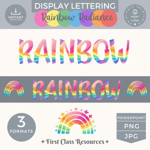 Puede incluir: Letras de exhibición de aula con temática de arcoíris con la palabra "RAINBOW" en una fuente colorida y ondulada. La palabra "RAINBOW" también se muestra en un formato de banner con un arcoíris a cada lado. También se incluye un solo arcoíris con corazones. El texto "DISPLAY LETTERING" y "Rainbow Radiance" se muestra en círculos en la parte superior de la imagen. El texto "3 FORMATS" se muestra en un círculo en la parte inferior de la imagen. El texto "POWERPOINT, PNG, JPG" se muestra en un rectángulo en la parte inferior de la imagen. El texto "First Class Resources" se muestra en la parte inferior de la imagen.
