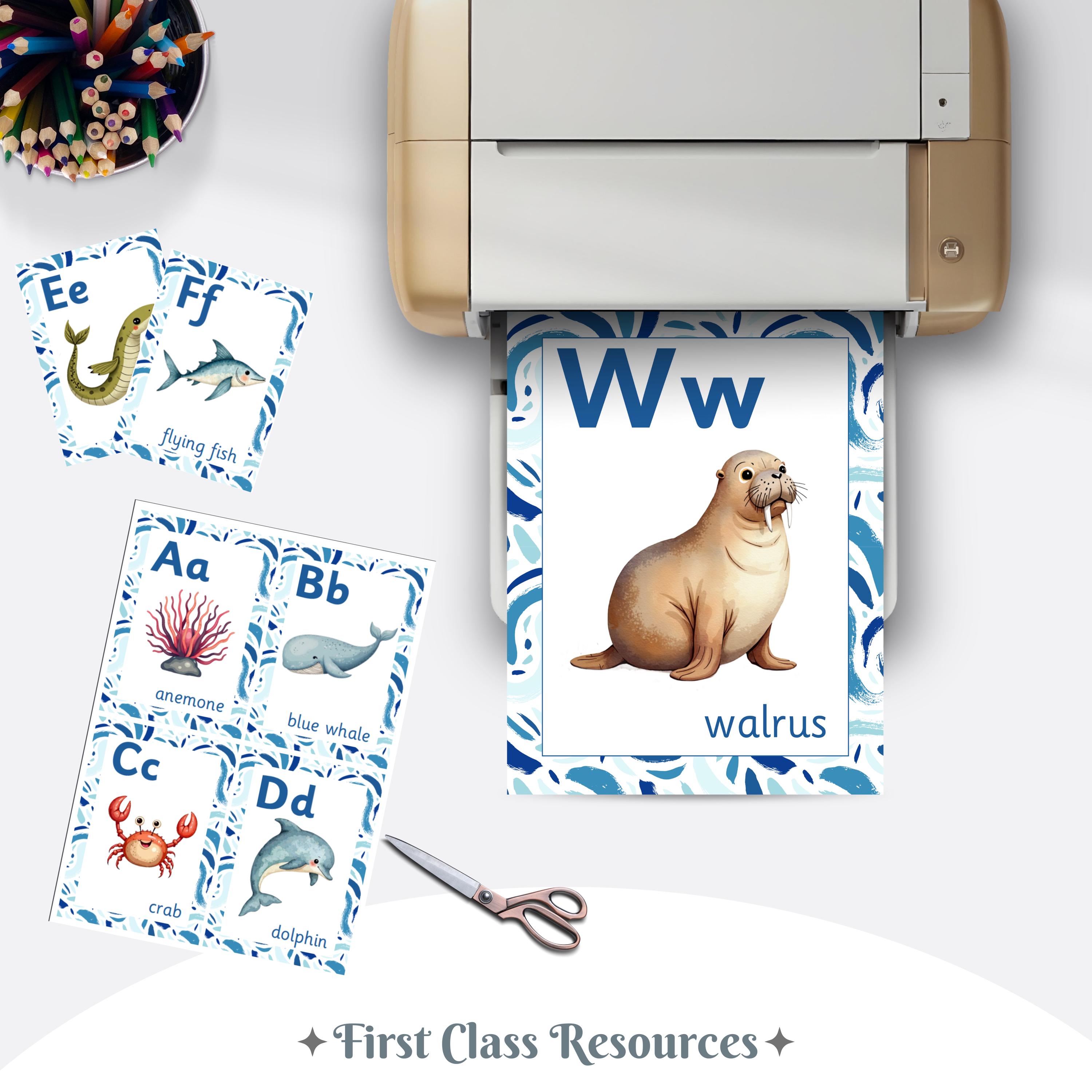 DOI-LANEE Set Di 3 Poster Educativi Oceano Per Bambini – Cornice In Legno Con Tema Marino – Alfabeto Montessori, Animali Marini E Arte