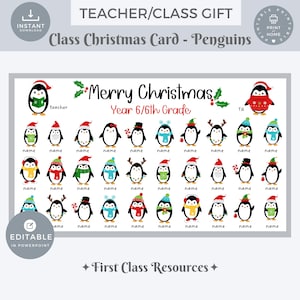 Pinguïns Gepersonaliseerde klaskerstkaart, klaskerstcadeau, kerstpinguïns Bewerkbare print kerstcadeau leraar digitale download