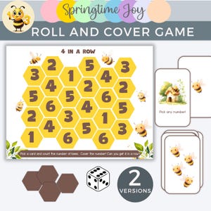 May include: A children's roll and cover game with a bee theme. The game includes a honeycomb-shaped board with numbers, cards, dice, and brown hexagon covers. The text on the game says "Springtime Joy" and "Roll and Cover Game".