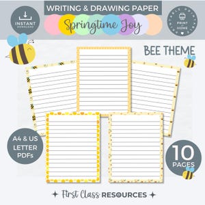 Könnte beinhalten: Liniertes Schreibpapier mit Bienenmotiv. Das Papier hat einen gelben Rand mit Bienen- und Wabenmustern. Die Worte "Springtime Joy" sind über dem Papier zu sehen, und der Text "BEE THEME" ist ebenfalls sichtbar.