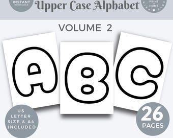 May include: Printable uppercase alphabet letters in a bold, rounded font. The letters A, B, and C are shown. The text "Large Letters Upper Case Alphabet Volume 2" is at the top of the image. The text "26 Pages" is at the bottom of the image.