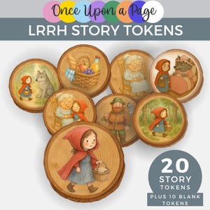 May include: A collection of wooden story tokens illustrating scenes from Little Red Riding Hood. The tokens show characters such as Little Red Riding Hood, the wolf, and the grandmother. The text "LRRH STORY TOKENS" and "Once Upon a Page" are visible.
