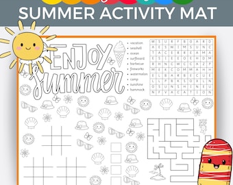 Mantel individual de actividades de verano, hoja para colorear de verano para niños, tapete de actividades imprimible, laberinto de búsqueda de palabras, tres en raya, imprimible de vacaciones