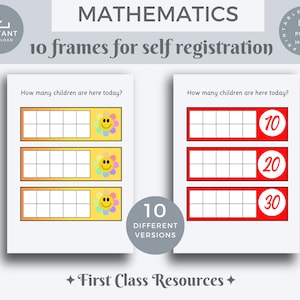Puede incluir: Cartas imprimibles de 10 marcos para autoregistro. Las tarjetas presentan un marco amarillo con una carita sonriente y un marco rojo con los números 10, 20 y 30. El texto "¿Cuántos niños hay hoy?" está en la parte superior de cada tarjeta.