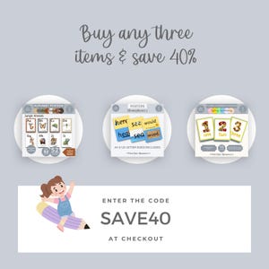 May include: Three colorful posters with educational content for children. The posters feature jungle animals, homophones, and numbers. The text on the posters reads "Jungle Animals", "Homophones 1", and "Floral Numbers Posters". The text "Buy any three items & save 40%" is at the top of the image. The text "ENTER THE CODE SAVE40 AT CHECKOUT" is at the bottom of the image.