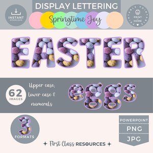 Puede incluir: Letras mayúsculas moradas y blancas que deletrean "EASTER" con un contorno morado. Las letras están rellenas con una foto de mini huevos de chocolate de color pastel. Debajo de las letras, la palabra "eggs" está escrita en letras moradas con un contorno blanco. Las letras están rellenas con una foto de mini huevos de chocolate de color pastel. El fondo es gris. El texto "Springtime Joy" está en la parte superior de la imagen. El texto "62 Images" está en la esquina inferior izquierda. El texto "3 Formats" está en la esquina inferior izquierda. El texto "First Class Resources" está en la parte inferior central de la imagen. El texto "Powerpoint, PNG, JPG" está en la esquina inferior derecha.