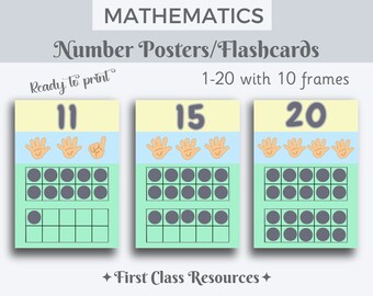 May include: A set of printable number posters or flashcards for teaching math. The posters feature the numbers 11, 15, and 20, along with a ten frame to help visualize the quantity. The posters are ready to print and include a light blue, yellow, and green color scheme.