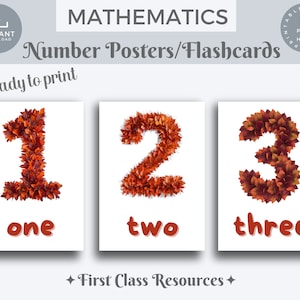 Puede incluir: Tres tarjetas imprimibles con los números 1, 2 y 3. Cada número está hecho de hojas de otoño y la palabra para el número está escrita debajo. El texto "Matemáticas Pósters/Flashcards de números Listo para imprimir" está en la parte superior de la imagen.
