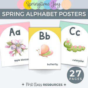 Pósteres del alfabeto de primavera, reconocimiento de letras de la A a la Z, decoración de aula de primavera, tarjetas didácticas de fonética, aprendizaje temprano, imprimibles para preescolar, póster del ABC