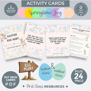 Cartes-indices pour la chasse aux œufs de Pâques, 24 énigmes pour l'intérieur et l'extérieur, jeu à imprimer pour les enfants, sac panier pour fête de Pâques, friandises au chocolat