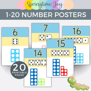 May include: A set of 20 printable number posters for kids. Each poster features a number from 1 to 20, a dice representation of the number, and a ten-frame representation of the number. The posters are designed with a blue, yellow, and white color scheme.