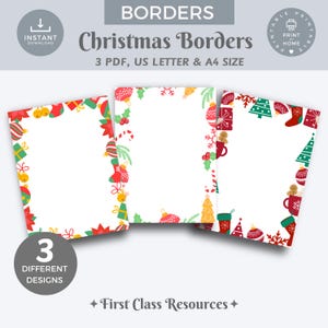 May include: Three printable Christmas border designs featuring red, green and white illustrations of baubles, candy canes, snowflakes and Christmas trees. The borders are designed for US Letter and A4 size paper.