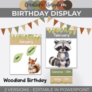 Woodland Birthday Classroom Display, bewerkbare naamblaadjes en kaarten, dierenverjaardagsposters, slingers, Classroom Celebration Class-verjaardagen