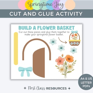 May include: A printable craft activity sheet with the text "Springtime Joy" and "Cut and Glue Activity". The sheet includes instructions to build a flower basket, with cut-out pieces of flowers, a basket, and a bow.