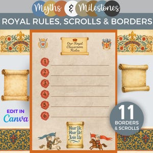 May include: A digital template with a medieval theme. The design features scroll illustrations, decorative borders, and the text "ROYAL RULES, SCROLLS & BORDERS". The words "EDIT IN Canva" are also visible.