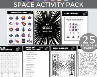 Può includere: Un pacchetto di attività a tema spaziale intitolato "Galaxy Explorers" con giochi di memoria, puzzle, cruciverba e labirinti. Il pacchetto include 25 pagine stampabili con la scritta "Space Activity Pack".