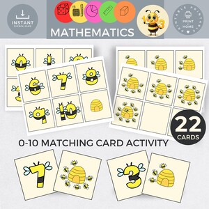 Numéro d'abeille, chiffres assortis, cartes de 0 à 10, activité de comptage, jeu de mathématiques précoce, réception de reconnaissance numérique pour les enfants d'âge préscolaire et maternelle, imprimable