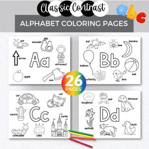 26 páginas para colorear del alfabeto, página para colorear preescolar, actividad imprimible preescolar, libro de las primeras letras del bebé, colorear el abecedario, hoja de trabajo de letras