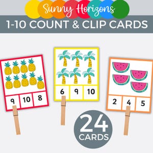 Cartes à clip pour comptage d'été, cartes d'activités de 1 à 10, décoration de salle de classe Sunny Horizon, mathématiques pour la maternelle, petite enfance, réception, école à la maison