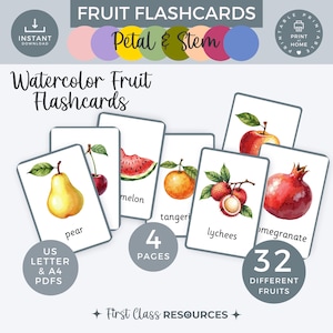 Flashcards de frutas em aquarela, 32 frutas ilustradas, vocabulário pré-escolar, cartões de comida Montessori, decoração de sala de aula, educação domiciliar, impressão
