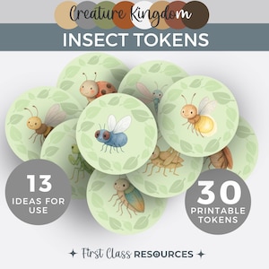 Könnte beinhalten: Runde Insekten-Token mit Illustrationen von Insekten wie Marienkäfern und Libellen, vor einem hellgrünen Hintergrund mit einem Blattrand. Der Text "Creature Kingdom" und "Insect Tokens" ist ebenfalls enthalten.