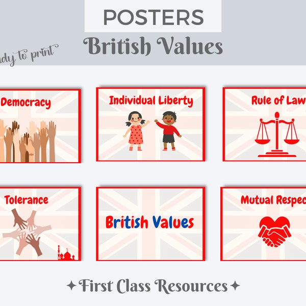 British Values Classroom Posters, Set of 6, democracy, liberty, tolerance, respect and law.