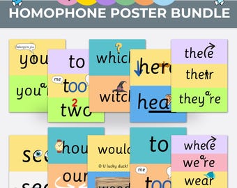 May include: A set of 10 colorful posters featuring homophones, words that sound alike but have different meanings and spellings. Each poster features two words, one on top of the other, with a visual clue to help differentiate the words. The words include "you/your", "to/too/two", "which/witch", "her/hear", "there/their/they're", "see/sea", "hour/our", "would/wood", "to/too", and "where/we're/wear/were".