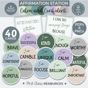 May include: A set of 40 affirmation cards with a green, blue, and purple colour scheme. The cards feature positive affirmations such as "I am brave", "I am capable", and "I am unique". The cards are designed to help people build self-esteem and confidence.