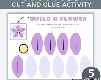 Build a Flower Cut and Glue Craft, Spring Flower Activity for Kids, Fine Motor Scissor Skills, Preschool Spring Craft, Homeschool printable