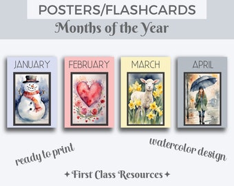 Months of the Year Posters, Months of the Year Printable, Educational Posters, Watercolor Classroom Posters, Homeschool posters, Wall art