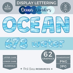 Letras y números con temática submarina, olas del mar, tablero de anuncios imprimible, letras para exhibir, PowerPoint editable y PNG