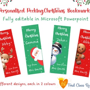 Bearbeitbare Weihnachtslesezeichen, süßes Santa Lesezeichen, Schneemann Klasse Weihnachtsgeschenk, bearbeitbarer Druck, bearbeitbar in Powerpoint, digitaler Download