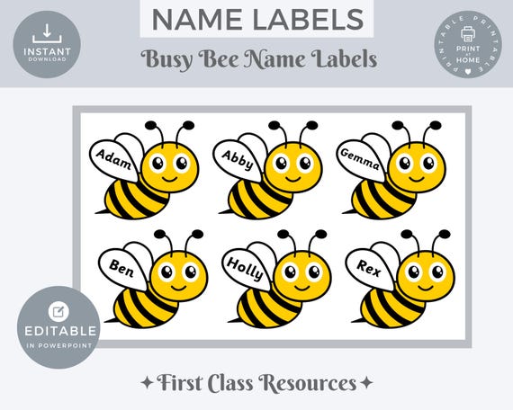Editable Bee Classroom Name Tags, Classroom Labels,  Editable Desk Name Plates Teacher Resource, Classroom Decor Bee Name Label Editable PPT