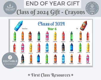 Puede incluir: Un regalo de clase imprimible para los alumnos que se gradúan de 6º de primaria. El diseño presenta un crayón colorido con una cara sonriente para cada alumno, con el texto "Clase de 2024" y "Año 6" en la parte superior.
