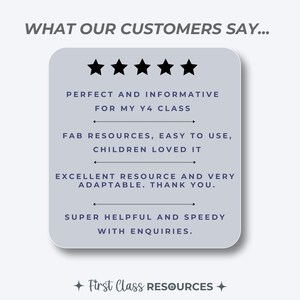 May include: A five-star review with text that reads "WHAT OUR CUSTOMERS SAY..." and "PERFECT AND INFORMATIVE FOR MY Y4 CLASS", "FAB RESOURCES, EASY TO USE, CHILDREN LOVED IT", "EXCELLENT RESOURCE AND VERY ADAPTABLE. THANK YOU.", "SUPER HELPFUL AND SPEEDY WITH ENQUIRIES." and "First Class RESOURCES".