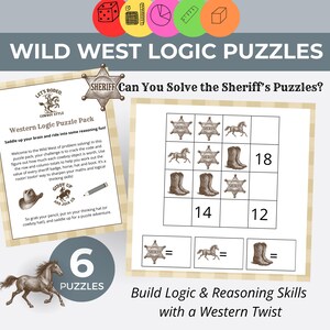 May include: A Wild West Logic Puzzles pack with a cowboy theme. The pack includes a Western Logic Puzzle Pack with the text "Can You Solve the Sheriff's Puzzles?" and "Build Logic & Reasoning Skills with a Western Twist."