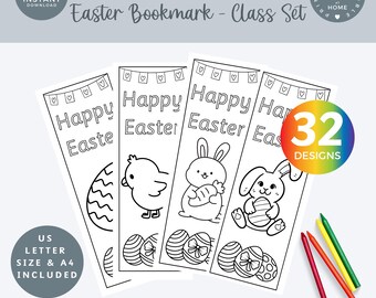 32 Printable Easter Eggs coloring bookmarks class set, Easter Bunny Chick Coloring Page Happy Easter Class Gift Digital designs Book Marks