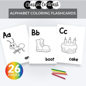 Tarjetas de vocabulario del alfabeto para imprimir y colorear. Páginas para colorear del alfabeto para preescolar. Actividad imprimible. Pósteres del alfabeto en blanco y negro. Tarjetas de vocabulario de la A a la Z.
