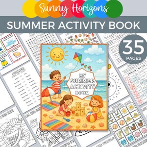 May include: A colorful summer activity book with the title "My Summer Activity Book" on the cover. The cover illustration features children playing on a beach with a kite, sandcastle, and beach umbrella. The book has 35 pages.