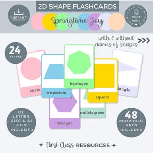 Flashcards met basisvormen voor kinderen, 2D-vormkaarten met en zonder namen, elementaire wiskunde Afdrukbaar, lente klasdecor, thuisonderwijs