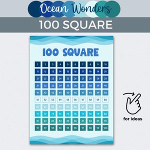 Póster de contar hasta 100, imprimible de 100 cuadrados con temática oceánica, tabla de números del 1 al 100, decoración para el aula, exhibición de matemáticas, recurso para docentes, educación en casa