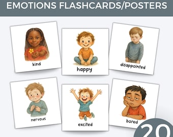 May include: A set of emotion flashcards and posters with illustrations of children expressing different feelings. The cards include words like "kind," "happy," "disappointed," "nervous," "excited," and "bored." The text "Calm and Confident" and "First Class RESOURCES" are also visible.