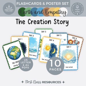 Tarjetas didácticas y carteles sobre los Días de la Creación, historias bíblicas imprimibles en formato PDF, decoración cristiana para el aula, aprendizaje en el hogar, recursos para la escuela dominical