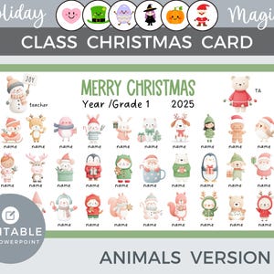 Könnte beinhalten: Ein Weihnachtskartendesign mit dem Text "MERRY CHRISTMAS Year/Grade 1 2025". Es zeigt verschiedene Tiere in festlicher Kleidung, mit Platz für Namen. Die Wörter "Holiday Magic" und "CLASS CHRISTMAS CARD" sind ebenfalls vorhanden.
