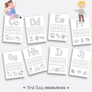 May include: Black and white printable worksheets for practicing writing the letters C, D, E, F, G, H, I, and J. Each worksheet features a dotted line for tracing the letter and a few simple illustrations of objects that start with that letter.